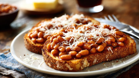 A plate featuring golden slices of toast topped with savory baked beans and sprinkled with grated cheese, ideal for breakfast or a comforting snack.の素材