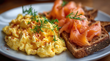 A delightful breakfast featuring creamy scrambled eggs paired with smoked salmon on rustic toast, garnished with fresh herbs, perfect for a hearty meal.の素材