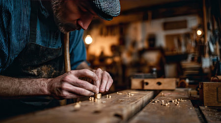A skilled craftsman meticulously carves a piece of wood in a warm, sunlit workshop, surrounded by a variety of tools and wooden materials, showcasing artistry.の素材