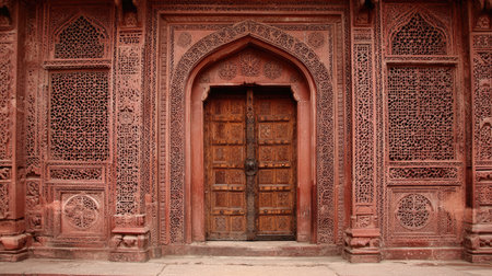 A stunning doorway showcases intricate carvings and patterns on a red stone facade, representing the rich history and culture of Indian architecture.の素材