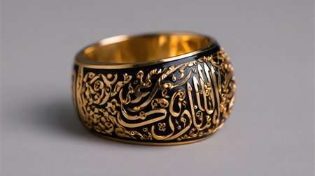 This stunning gold ring features intricate Islamic calligraphy and detailed engravings, showcasing exceptional craftsmanship and artistry. Perfect for collectors.の素材