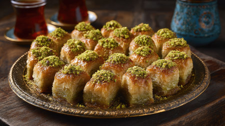A captivating arrangement of freshly baked baklava topped with crushed pistachios, served on an ornate plate alongside tea, showcasing cultural richness.の素材