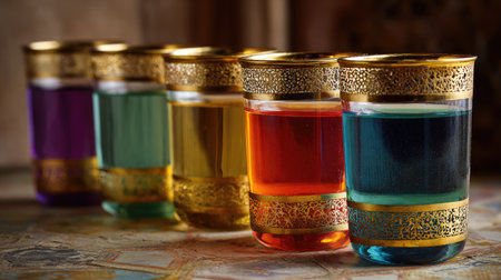 This stunning image showcases a range of colorful glassware filled with vibrant liquids, beautifully arranged on an artistic surface, creating a captivating visual display.の素材