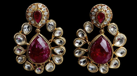 Stunning pair of ruby and diamond earrings featuring intricate gold accents, ideal for enhancing formal attire and celebrating special moments.の素材
