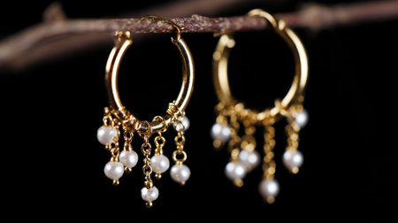Showcase these elegant golden hoop earrings adorned with delicate white pearl drops. Perfect for fashion enthusiasts and jewelry lovers, this image captures the intricate design and timeless appeal of these stunning accessories.の素材