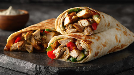 Enjoy a vibrant and tasty assortment of chicken wraps filled with fresh vegetables and spices, perfect for a quick lunch or dinner option.の素材