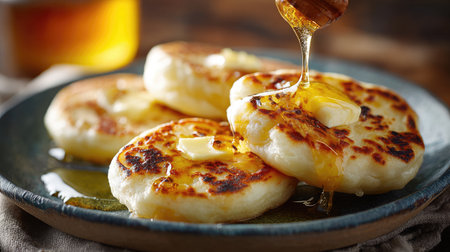 Enjoy a tempting display of golden pancakes, drizzled with maple syrup and topped with butter, perfect for a cozy breakfast or brunch setting.の素材