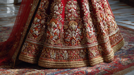 This stunning traditional wedding dress showcases an array of intricate red embroidery, highlighting a perfect blend of culture and elegance in bridal fashion.の素材