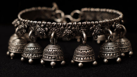 This exquisite silver bracelet features intricate designs and hanging bells, perfect for adding a touch of elegance to any outfit with its traditional artistry.の素材