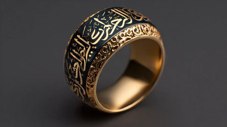 This exquisite gold ring features intricate Arabic calligraphy, showcasing a unique blend of elegance and cultural artistry, perfect for any jewelry collection.の素材