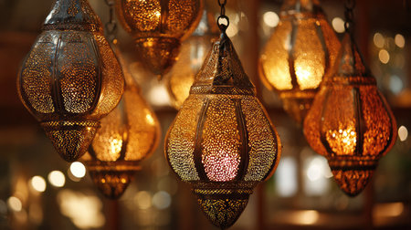 A collection of beautifully crafted Moroccan lanterns radiates a warm glow, creating an inviting atmosphere perfect for home decoration and inspiration.の素材