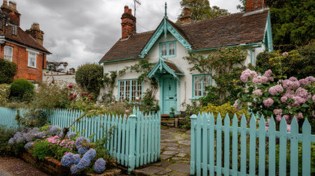 This delightful cottage features a vibrant garden with colorful flowers and a charming blue fence, creating a picturesque scene under a cloudy sky.の素材