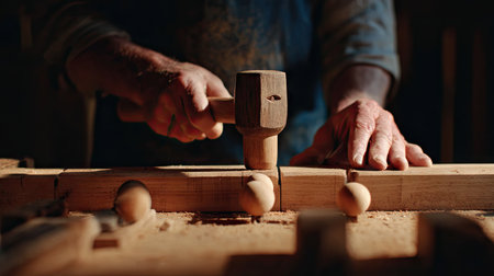 Skilled artisan shaping wood with a mallet in a rustic workshop. The image captures the intricate details of woodworking and craftsmanship techniques.の素材
