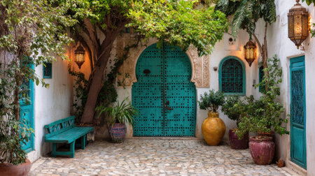 This charming courtyard features a vibrant blue door and lush greenery, creating a serene escape in a historic setting perfect for cultural exploration.の素材