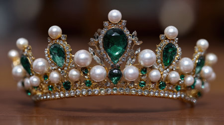 This elegant antique tiara showcases exquisite craftsmanship with emeralds and pearls, perfect for luxurious events or sophisticated fashion displays.の素材