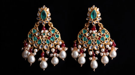 Stunning gold earrings adorned with pearls and colorful stones, perfect for elevating any outfit. Ideal for weddings, parties, and cultural events.の素材