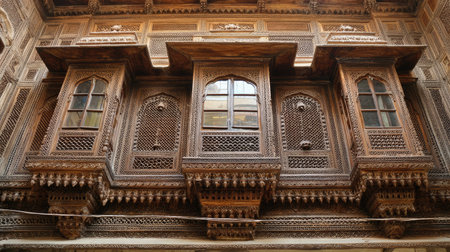 This image captures the exquisite detail of traditional wooden architecture featuring elaborately carved elements, showcasing rich cultural heritage and artistry.の素材