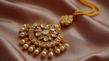 An exquisite gold necklace featuring intricate designs and lustrous pearl accents, beautifully displayed on a soft fabric background, ideal for jewelry presentations.の素材