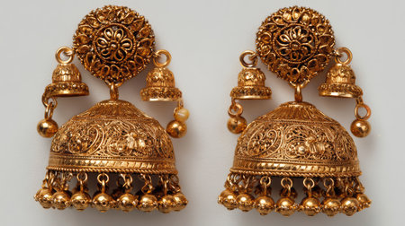 Discover this pair of exquisite golden Indian earrings featuring intricate designs and delicate hanging bells, perfect for enhancing traditional attire on special occasions.の素材