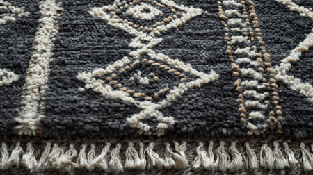 Close-up view of a textured black and white area rug featuring geometric patterns and soft fringes, ideal for adding warmth and style to any modern home decor.の素材