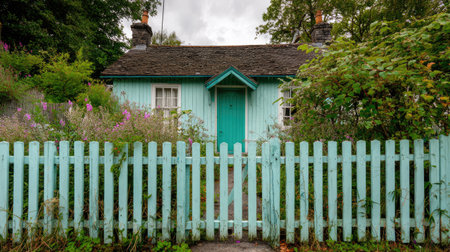 A picturesque cottage set against a backdrop of vibrant flowers and lush greenery, this charming scene evokes a sense of tranquility and rustic beauty.の素材