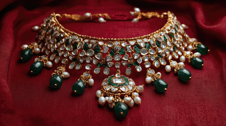 Captivating and intricate traditional gold necklace featuring stunning emerald and pearl details, beautifully contrasting with a rich red fabric background.の素材