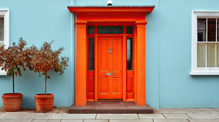 An eye-catching bright orange front door framed by light blue walls creates a striking contrast. Potted plants add a touch of greenery, enhancing urban aesthetics.の素材