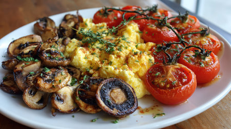 A vibrant plate featuring fluffy scrambled eggs paired with grilled mushrooms and roasted tomatoes, beautifully garnished with fresh herbs, ideal for a nutritious meal.の素材