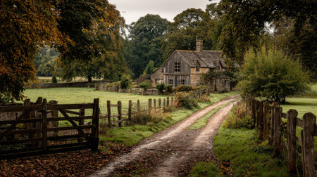 A picturesque country house set amidst lush greenery and a winding dirt path, highlighting the serene beauty of autumn in the countryside.の素材
