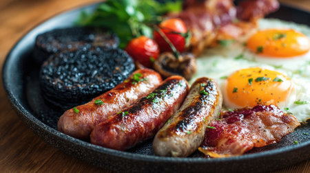 A mouthwatering traditional English breakfast featuring grilled sausages, fried eggs, crispy bacon, black pudding, and fresh vegetables, perfect for any meal.の素材