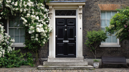 A stunning black door framed by vibrant white flowers and lush greenery, showcasing a picturesque urban residence with timeless charm and inviting warmth.の素材