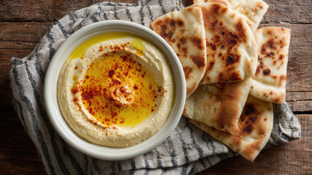 A delightful bowl of creamy hummus drizzled with olive oil and sprinkled with spices, accompanied by warm flatbread, perfect for sharing and enjoying.の素材