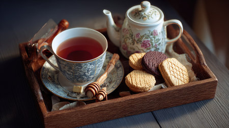 Enjoy a cozy afternoon with a beautiful tea set featuring a cup of tea, a teapot, honey, and a selection of delicious cookies on a rustic wooden tray.の素材