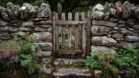 A charming wooden gate nestled within a rugged stone wall, surrounded by vibrant greenery and delicate flowers, inviting exploration into a peaceful garden.の素材