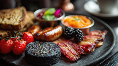 A vibrant and appetizing breakfast platter featuring a variety of cooked ingredients, including sausages, bacon, black pudding, eggs, and fresh tomatoes.の素材