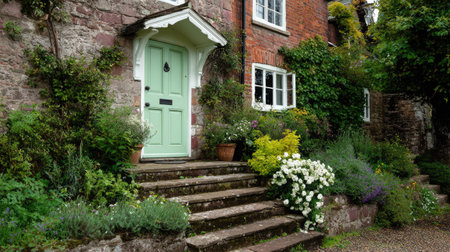 A picturesque cottage entrance showcases a mint green door framed by beautiful flowers and lush greenery, inviting warmth and charm to any viewer.の素材