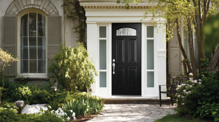 A stunning black front door graces this charming residential entryway, framed by lush greenery and a beautifully landscaped garden, embodying welcoming elegance.の素材