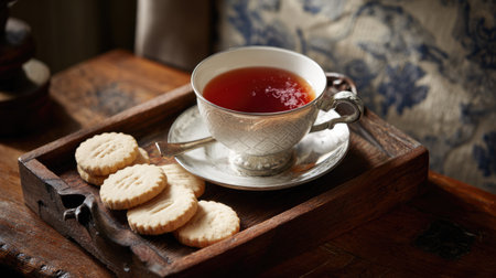 A charming arrangement featuring a cup of warm tea and delicate cookies on a wooden tray. The cozy scene evokes tranquility and comfort, perfect for enjoying a quiet break.の素材