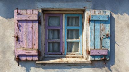 A beautifully weathered window showcases charming wooden shutters in soft shades of turquoise and pink, enhancing the rustic appeal of the home.の素材