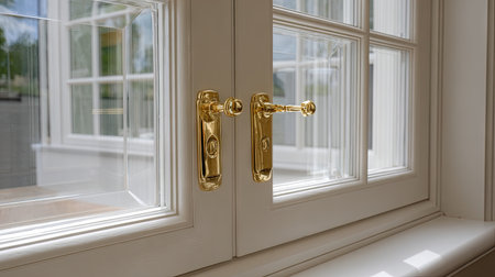This image showcases an elegant gold window handle alongside a beautifully crafted frame, bathed in soft natural light, emphasizing modern interior design.の素材