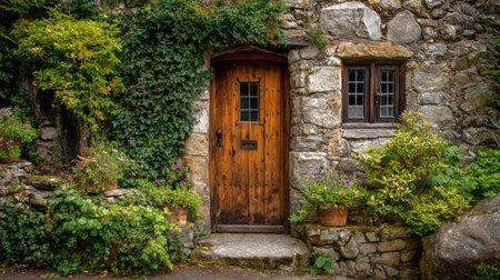 This rustic stone cottage entrance features a charming wooden door surrounded by lush greenery. Perfect for showcasing serene outdoor spaces and nature.の素材
