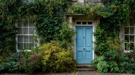 A picturesque blue door framed by abundant greenery creates an inviting atmosphere in this residential scene, perfect for nature and architecture lovers.の素材