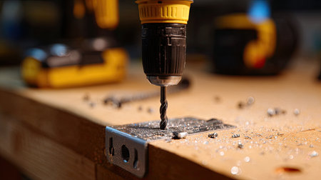 A close-up view of an electric drill actively working on a metal plate placed on a wooden workbench, surrounded by shavings and tools, showcasing craftsmanship.の素材