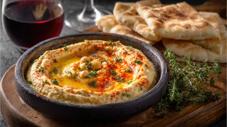 Indulge in creamy hummus topped with pine nuts and olive oil, served alongside warm flatbread and a glass of red wine, perfect for sharing.の素材