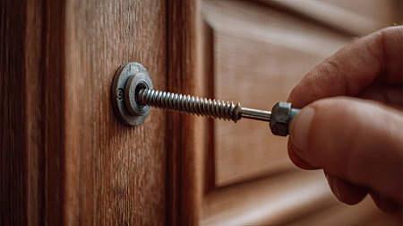 A close-up image showcasing a hand carefully inserting a metal screw into a wall anchor. This scene captures the essence of home improvement projects, highlighting the importance of precision and attention to detail during construction and repair tasks.の素材
