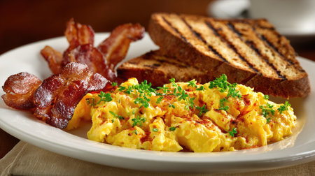 This inviting breakfast plate features fluffy scrambled eggs garnished with fresh herbs, alongside crispy bacon and grilled toast, perfect for any morning.の素材