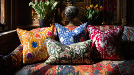 This image showcases a beautiful arrangement of colorful decorative pillows on a cozy sofa, complemented by elegant floral accents in a warm interior space.の素材