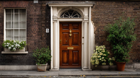 This image captures a charming entrance of a brownstone building featuring a classic wooden door, vibrant flower pots, and elegant architectural details.の素材