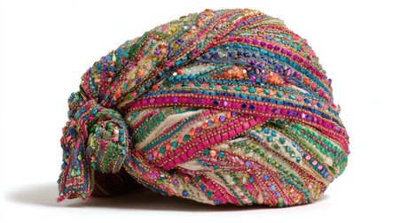 A stunning turban featuring vibrant colors and intricate gemstone embellishments, perfect for fashion enthusiasts and cultural celebrations. This unique headpiece showcases artistic design and craftsmanship, making it an eye-catching accessory for any occasion.の素材