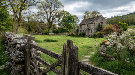 This captivating scene features a quaint stone cottage nestled in a lush green landscape, framed by vibrant trees and flowers, offering a tranquil retreat.の素材